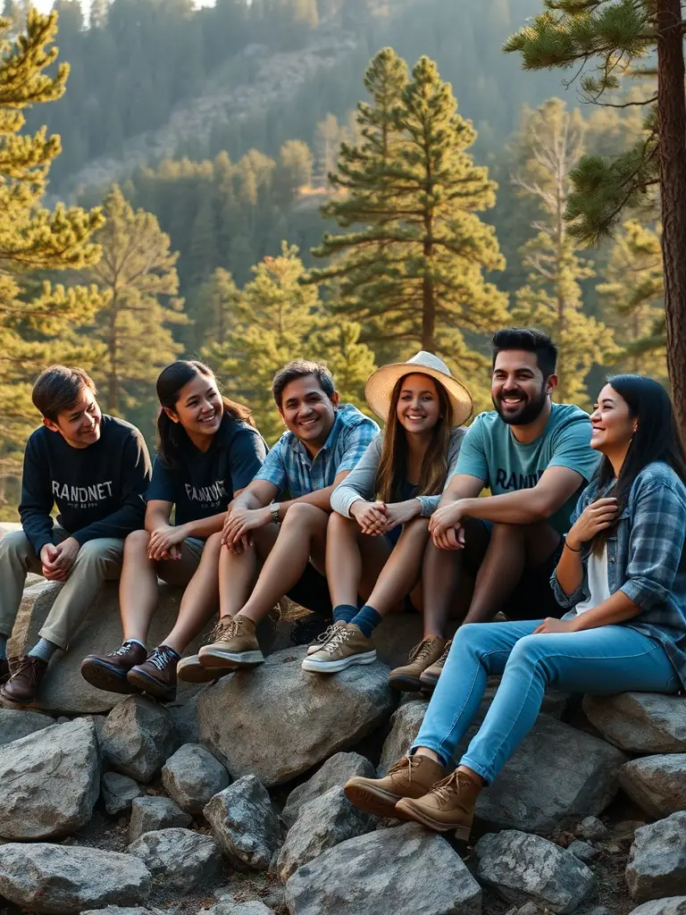 A vibrant photo of a group of RAND ONET members laughing and chatting while taking a break on a scenic hiking trail, showcasing the social aspect of the club.