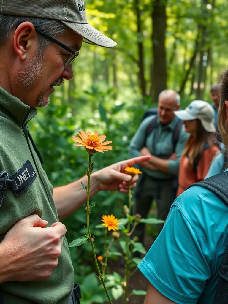 A close-up photo of a RAND ONET guide pointing out interesting flora to a group of hikers, highlighting the educational aspect of the club's guided tours.
