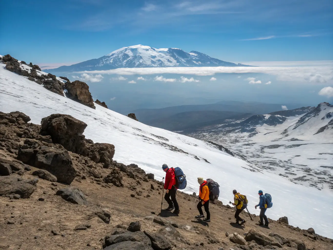 An image of experienced hikers using ropes to ascend a steep, snow-covered mountain peak, highlighting the thrill and challenge of advanced hiking. Safety gear is visible, emphasizing preparedness and expertise.