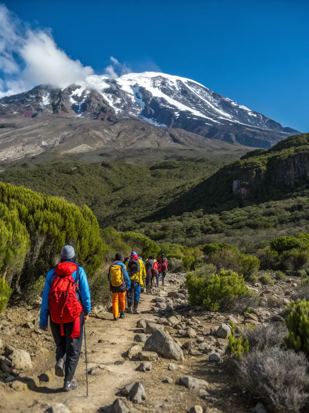 A dynamic shot of RAND ONET hikers conquering a challenging uphill climb, emphasizing the physical fitness benefits of hiking with the club.