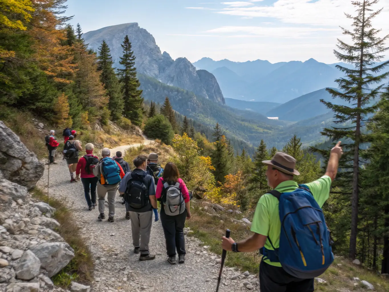 A group of hikers traversing a rocky mountain trail, with backpacks and hiking poles, under a clear blue sky. The image should convey a sense of adventure and camaraderie.