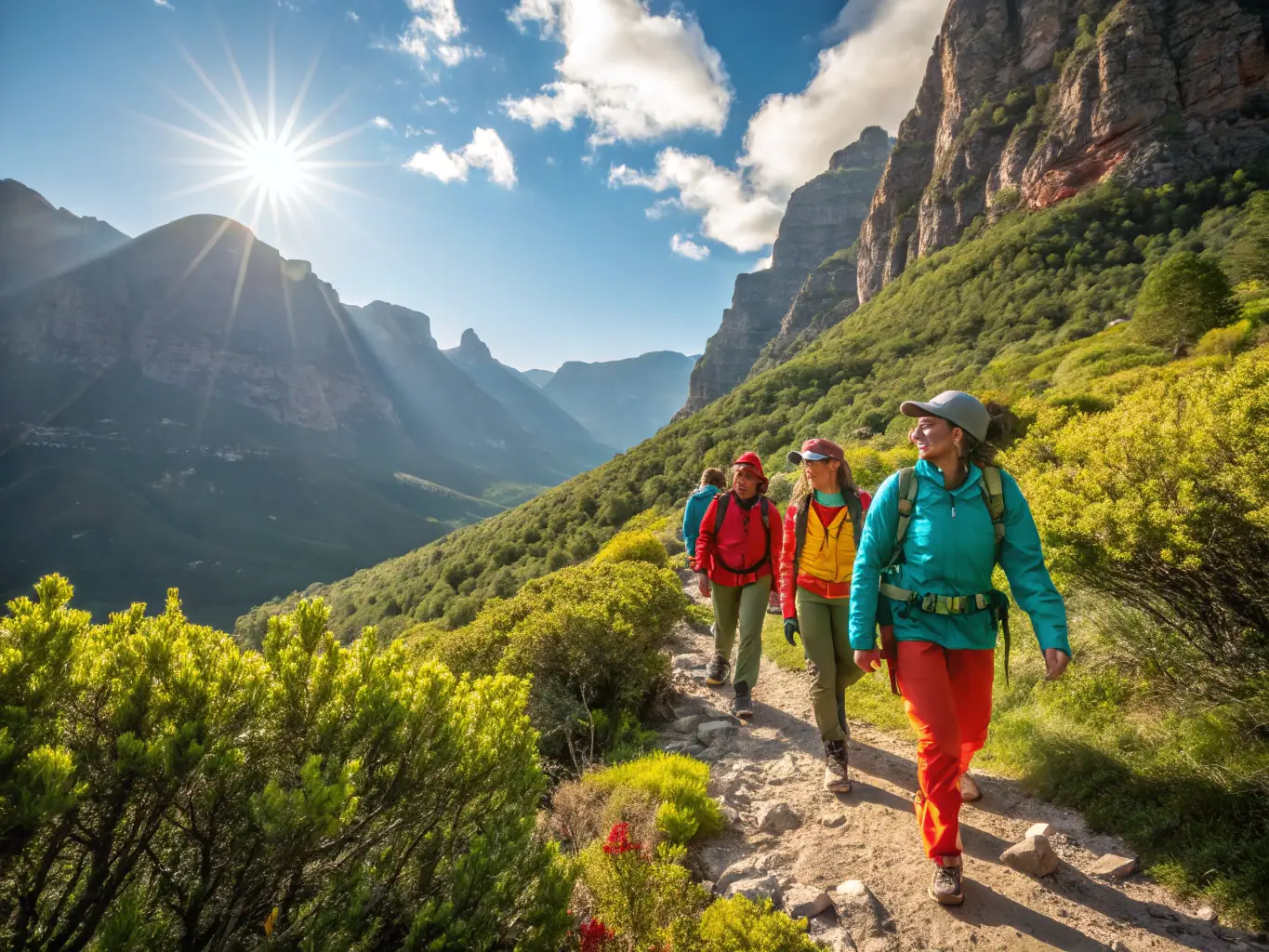 A photograph capturing a group of intermediate hikers navigating a rocky mountain path, showcasing teamwork and determination. The backdrop features panoramic views of rolling hills and clear blue skies.