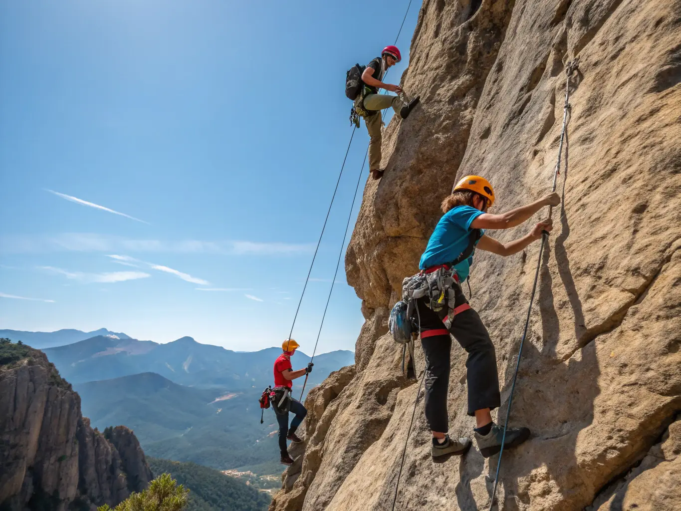 A photograph of hikers using ropes to climb a steep, rocky cliff face, showcasing the challenge and excitement of advanced hiking.