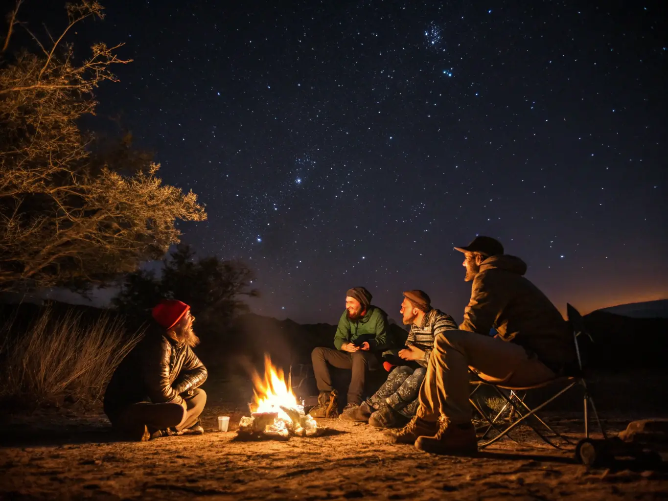 A group of hikers gathered around a campfire at night, sharing stories and enjoying the warmth of the fire. The image should evoke a sense of community and relaxation.